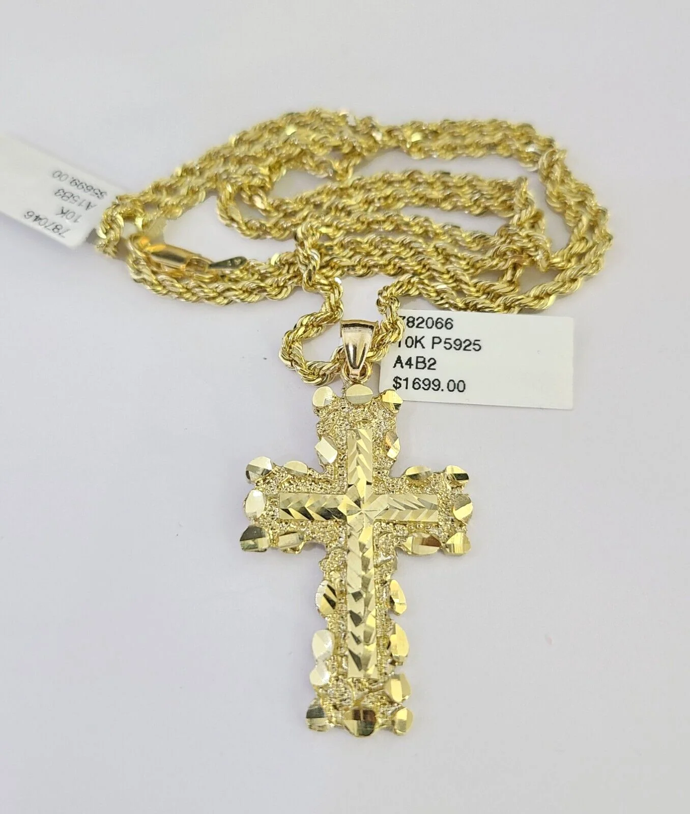 10k Solid Rope Chain 3mm Jesus Cross Necklace Pendant Charm SET 18-26 in - Image 4