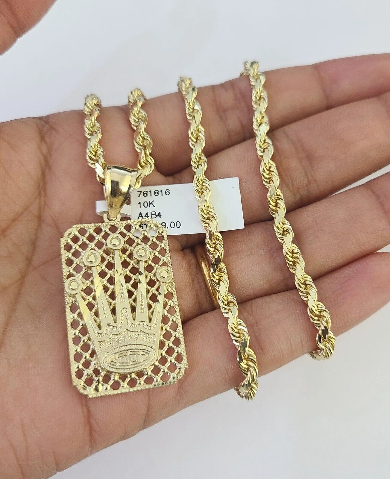 10k Solid Rope Chain Crown Charm Set 4mm 18"-30" Necklace Gold Pendant - Image 3