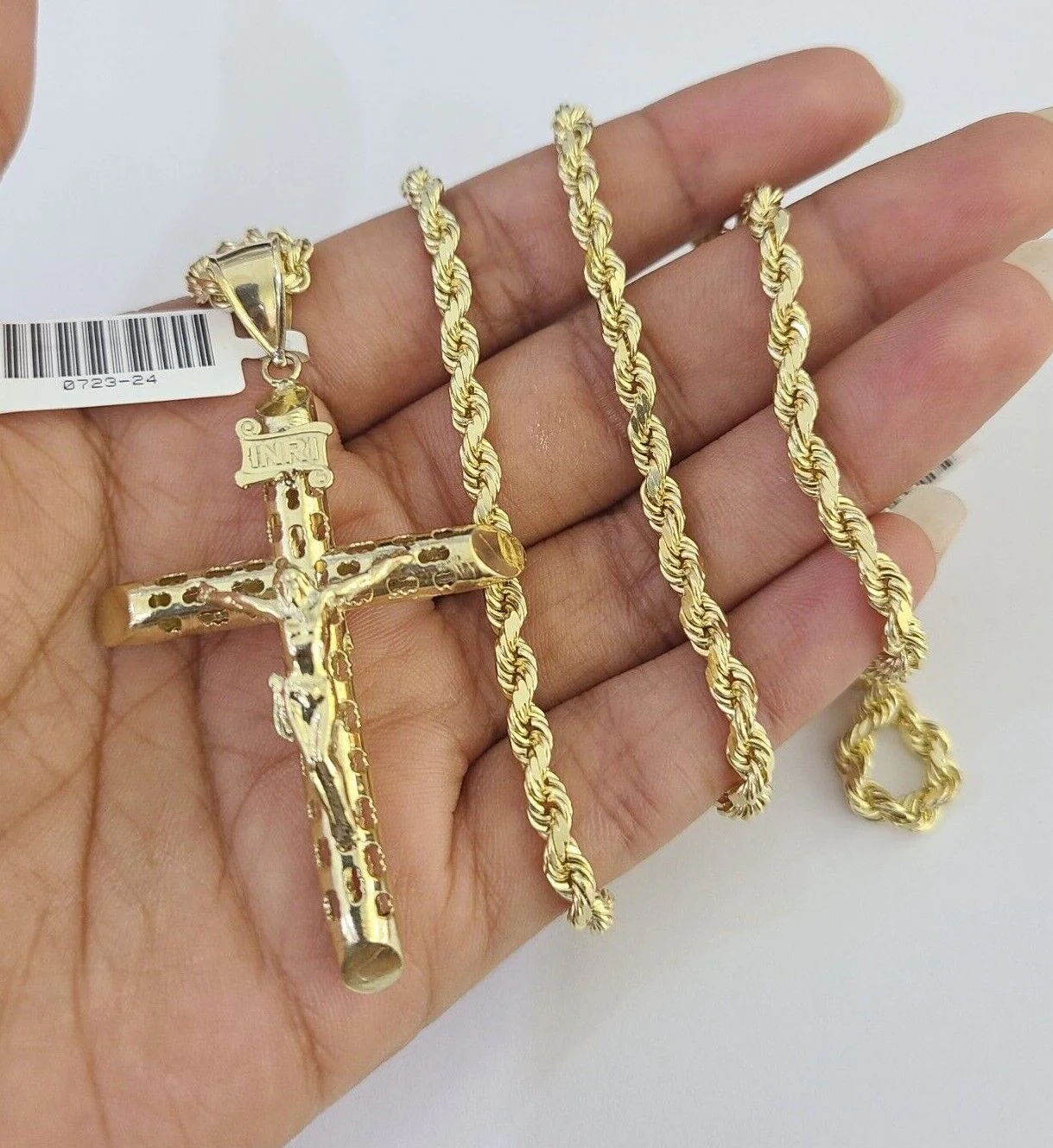 10k Solid Rope Chain INRI Jesus Cross Charm Set 4mm 20"-28" Necklace Gold Yellow - Image 2