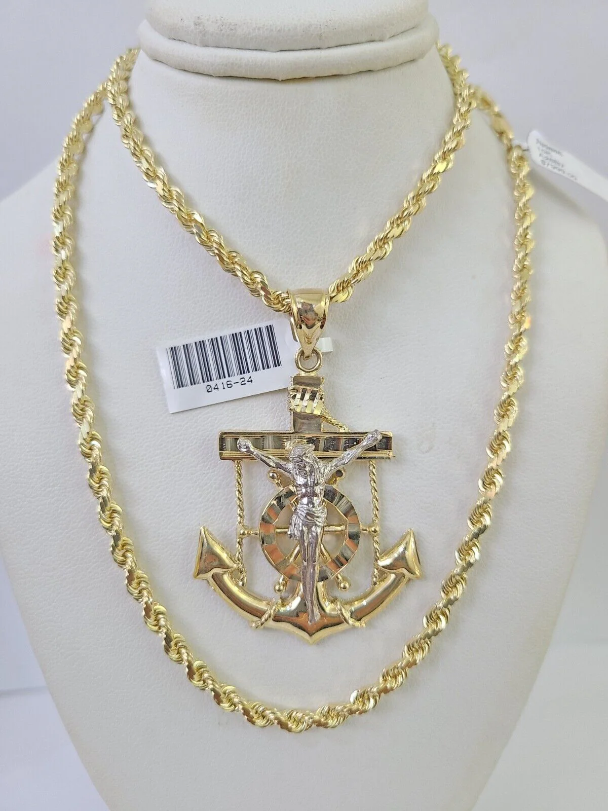 10k Solid Rope Chain Jesus Anchor Charm Set 4mm 20"-28" Necklace Gold Yellow - Image 4