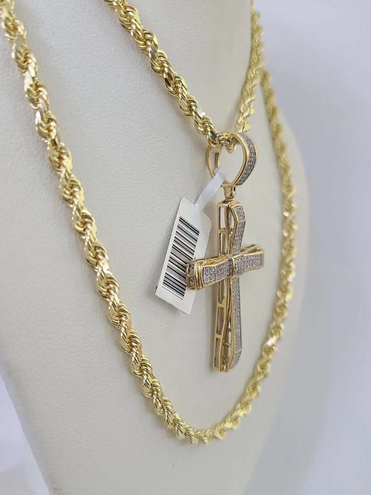 10k Solid Rope Chain Jesus Cross Charm Diamond Set 4mm 20"-28" Necklace Gold - Image 5