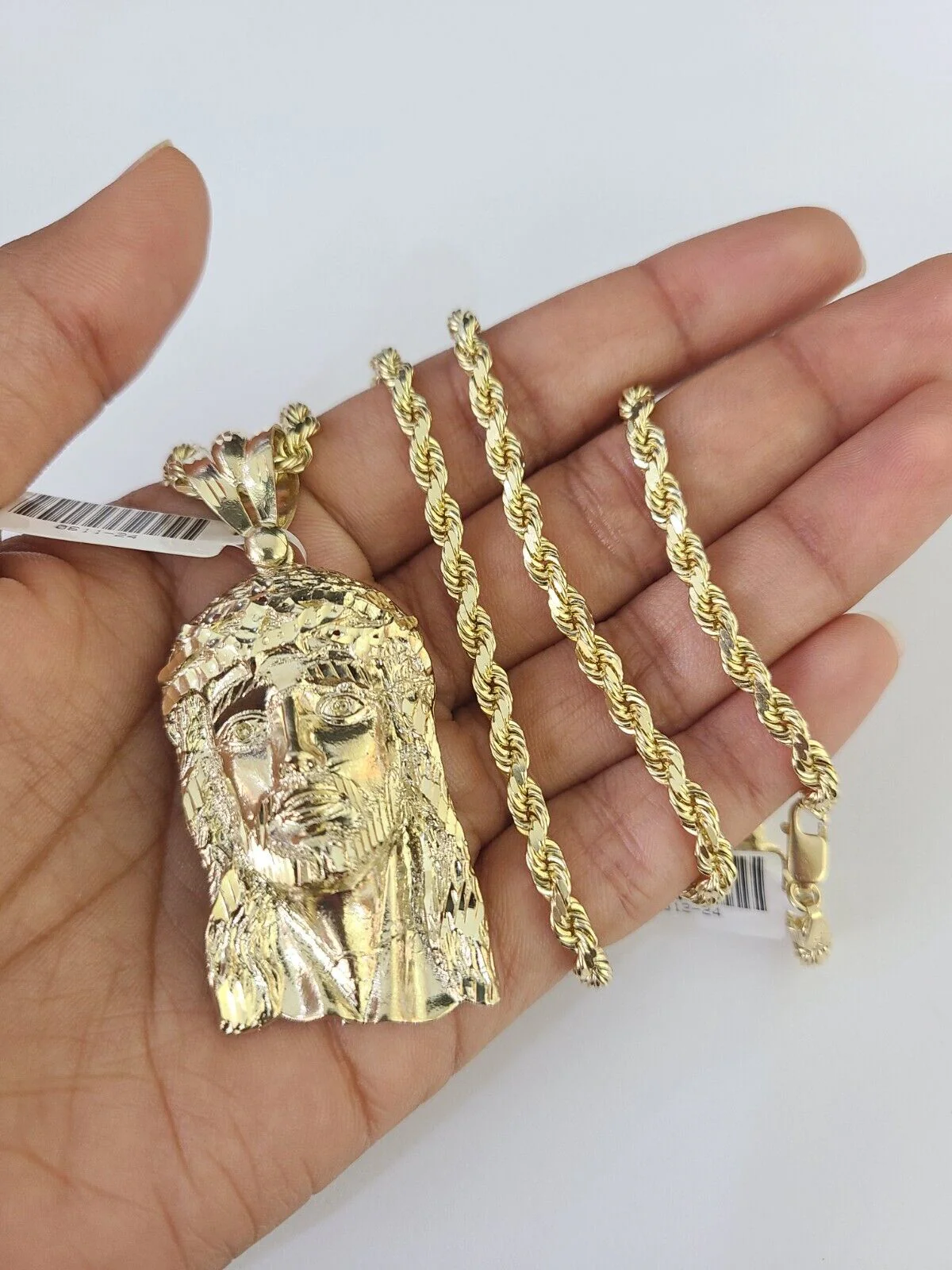 10k Solid Rope Chain Jesus Head Charm Set 4mm 20"-28" Necklace Gold Yellow - Image 2