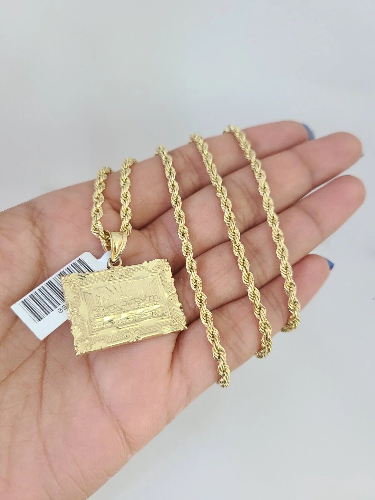 10k Solid Rope Chain Last Supper Charm Pendant 3mm Set 18"-26" in Necklace - Image 5