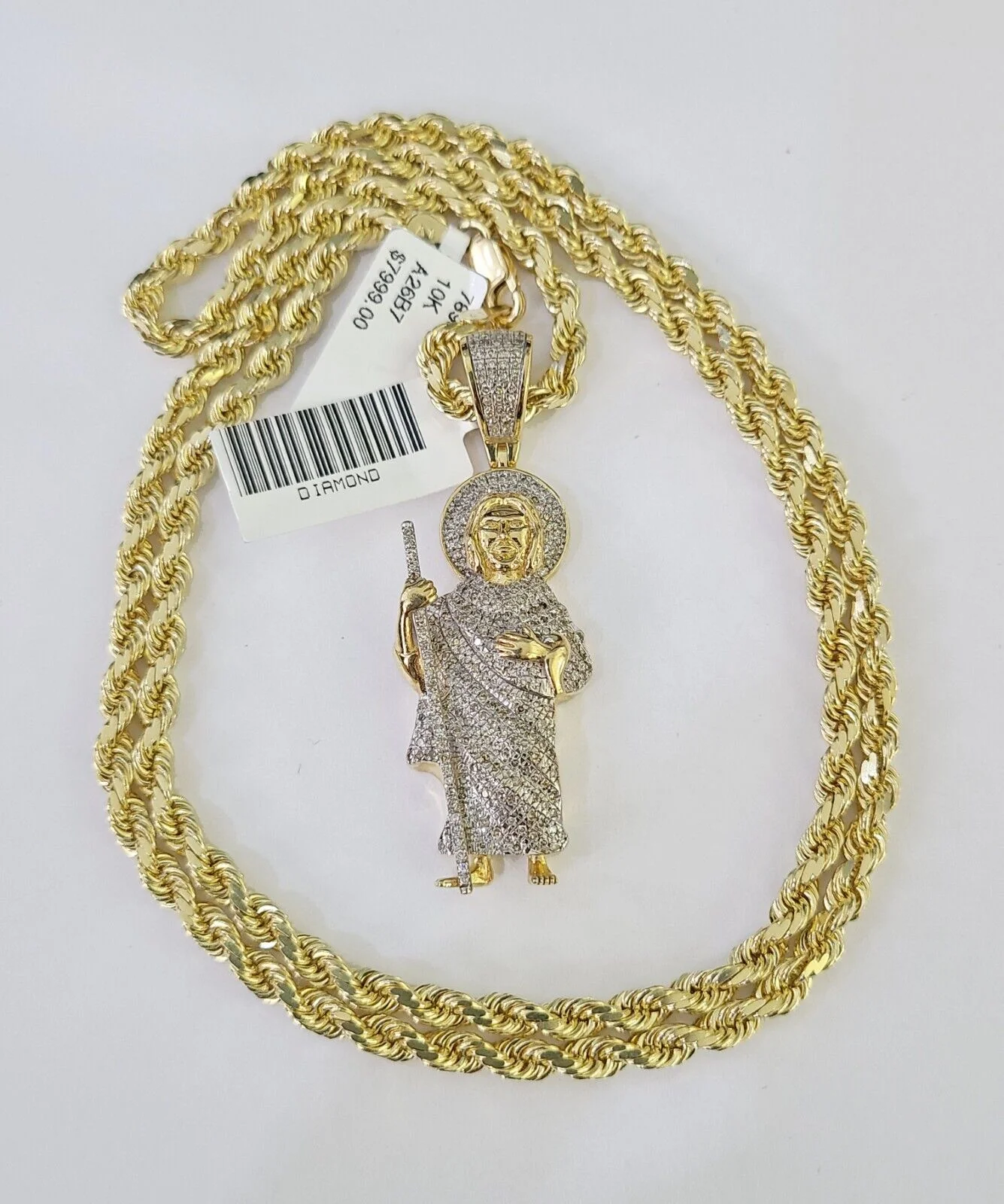 10k Solid Rope Chain Saint Jude Charm Diamond Set 4mm 20"-28" Necklace Gold - Image 2