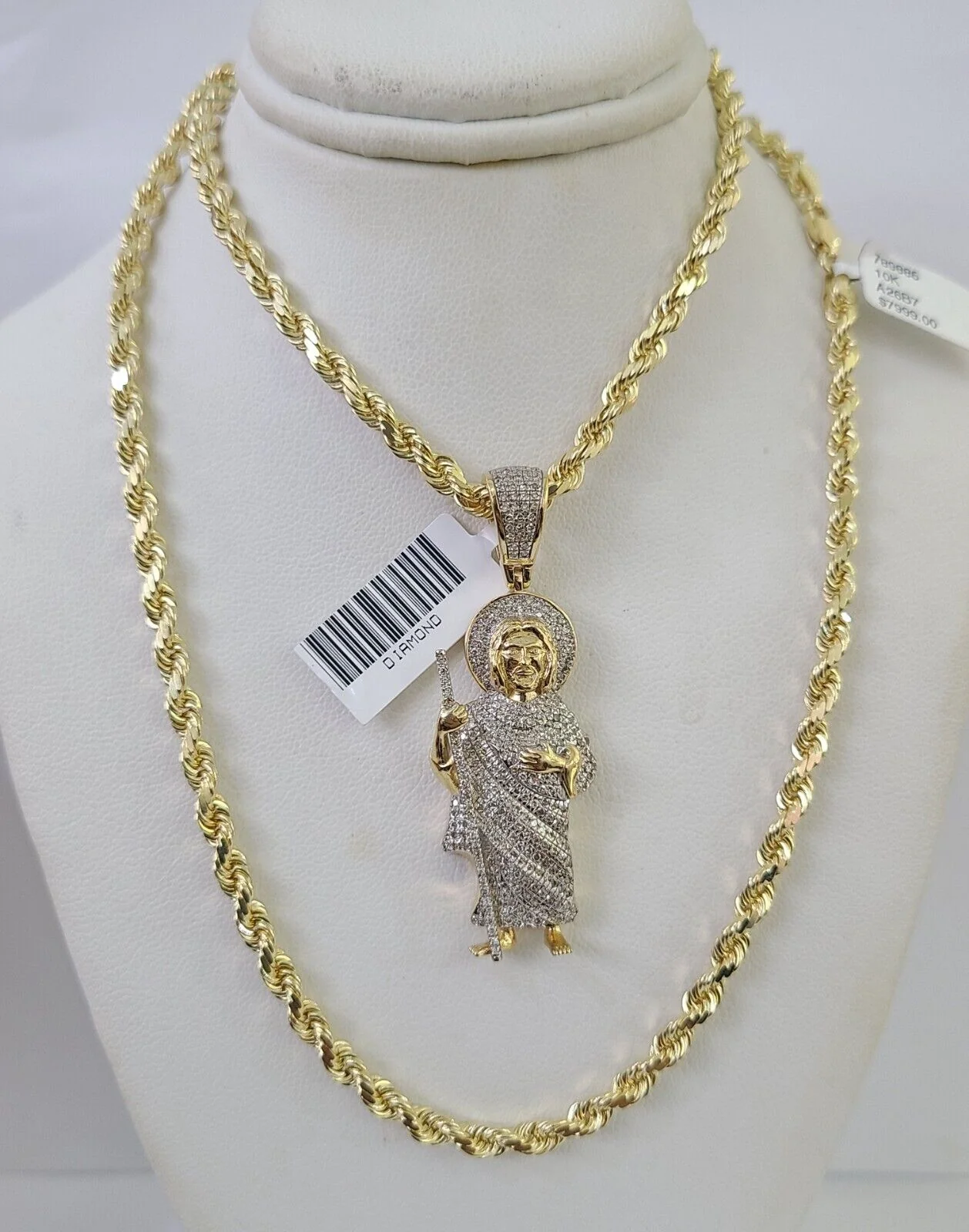 10k Solid Rope Chain Saint Jude Charm Diamond Set 4mm 20"-28" Necklace Gold - Image 3