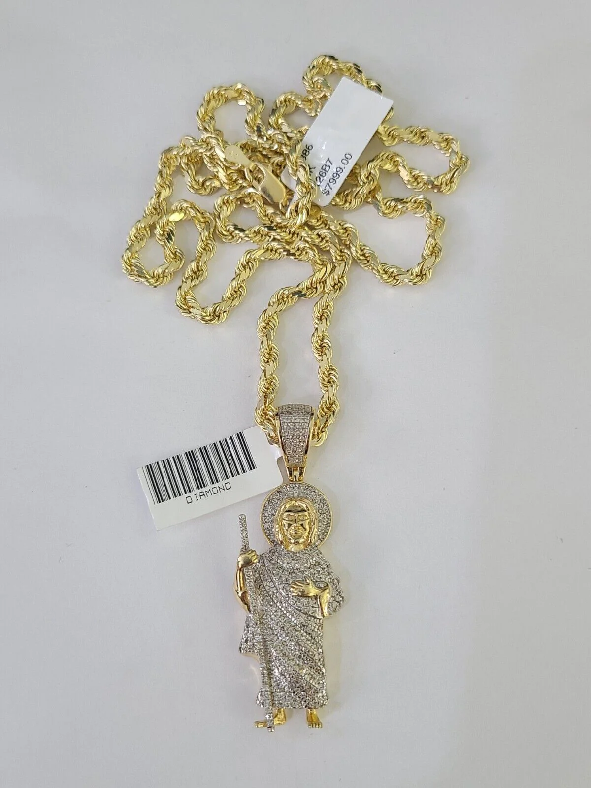 10k Solid Rope Chain Saint Jude Charm Diamond Set 4mm 20"-28" Necklace Gold - Image 4
