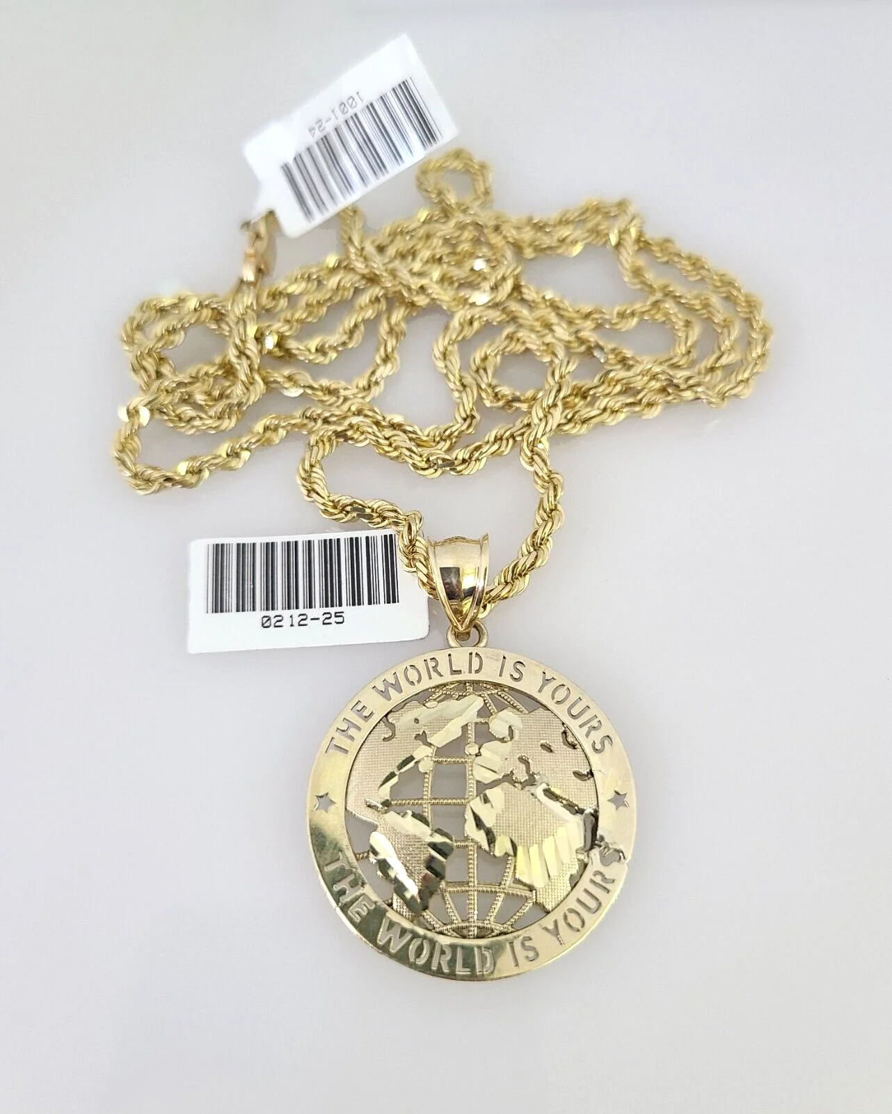 10k Solid Rope Chain World is Yours Charm Pendant 3mm Necklace Set 18"-26" in - Image 2