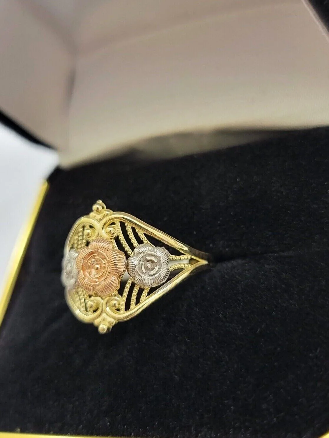 10k Trio Gold Lady Flower Ring Womens Casual Yellow Band Real 10kt Unique Design Ring Sizes 6,7,8,9,10,11 & 12 - Image 7