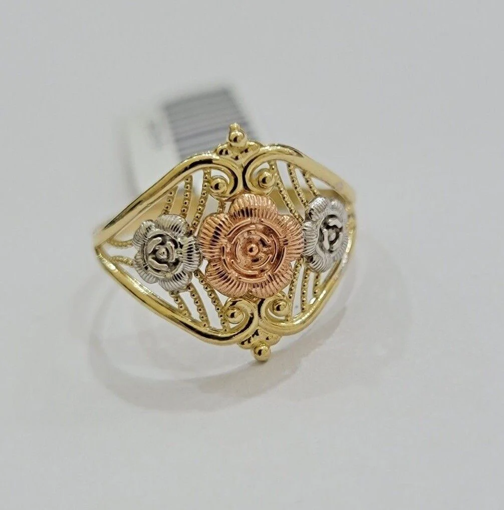 10k Trio Gold Lady Flower Ring Womens Casual Yellow Band Real 10kt Unique Design Ring Sizes 6,7,8,9,10,11 & 12 - Image 8
