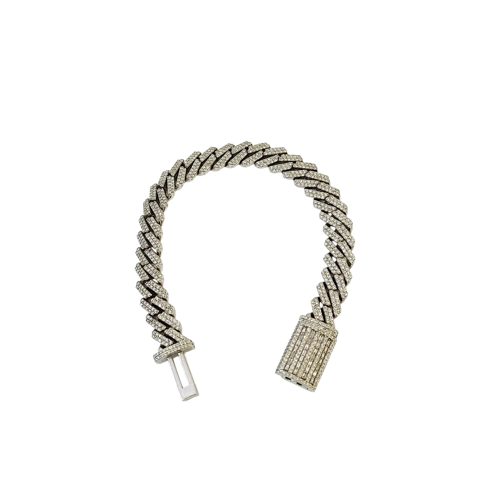 10k White Gold Iced Cuban Link Bracelet Diamond Baguette Hip Hop Style Men