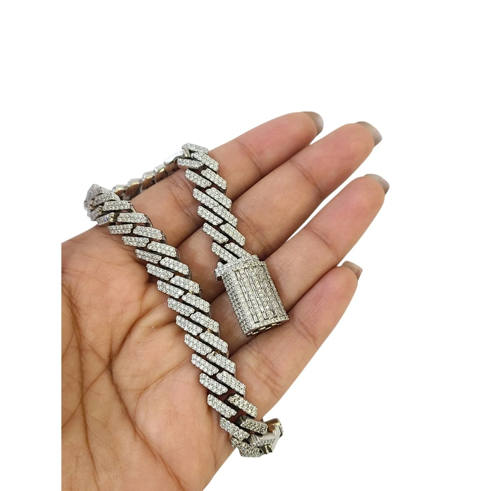10k White Gold Iced Cuban Link Bracelet Diamond Baguette Hip Hop Style Men - Image 5
