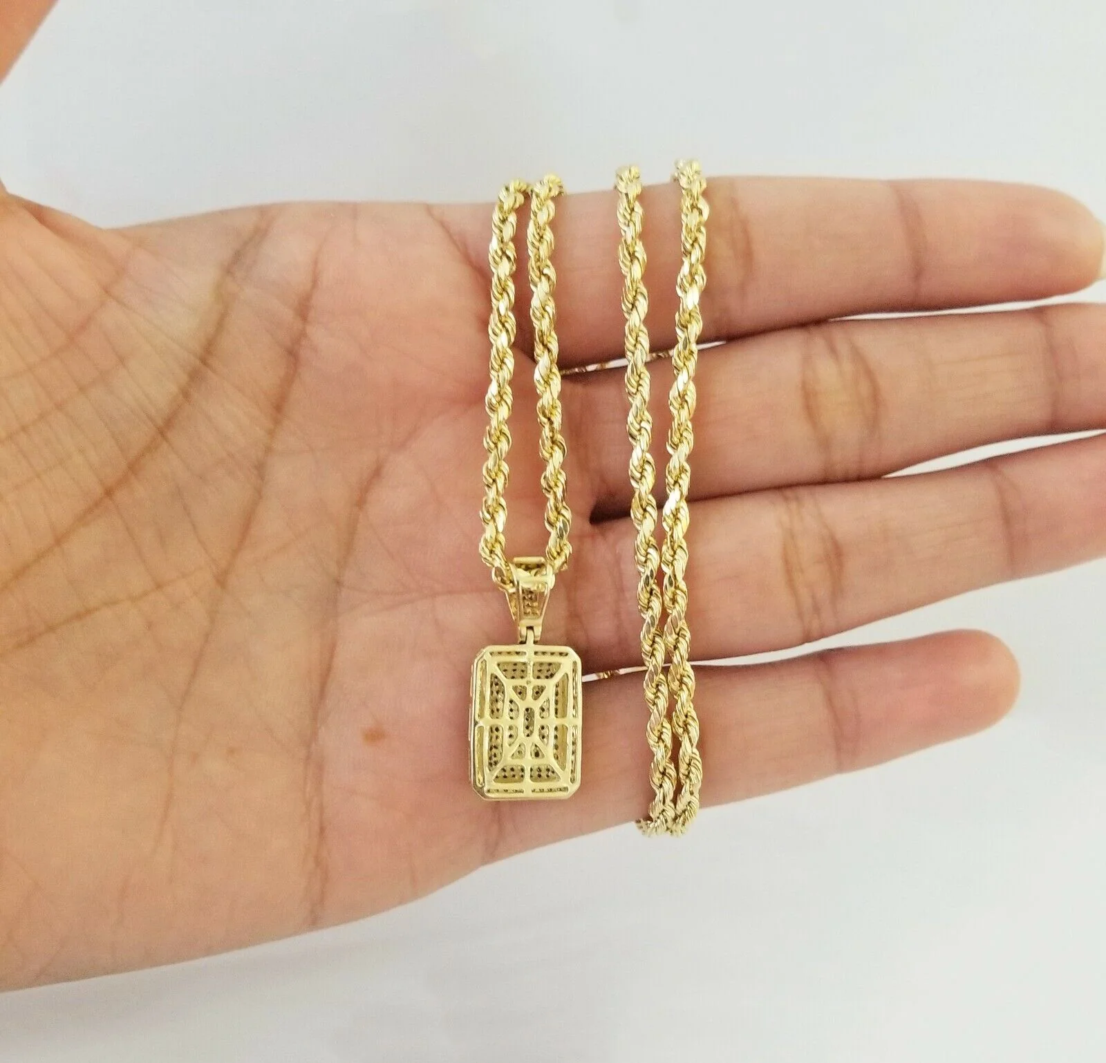 10K Yellow Gold 0.51CT Real Diamond Pillow Charm With 3mm 24" gold rope chain - Image 3