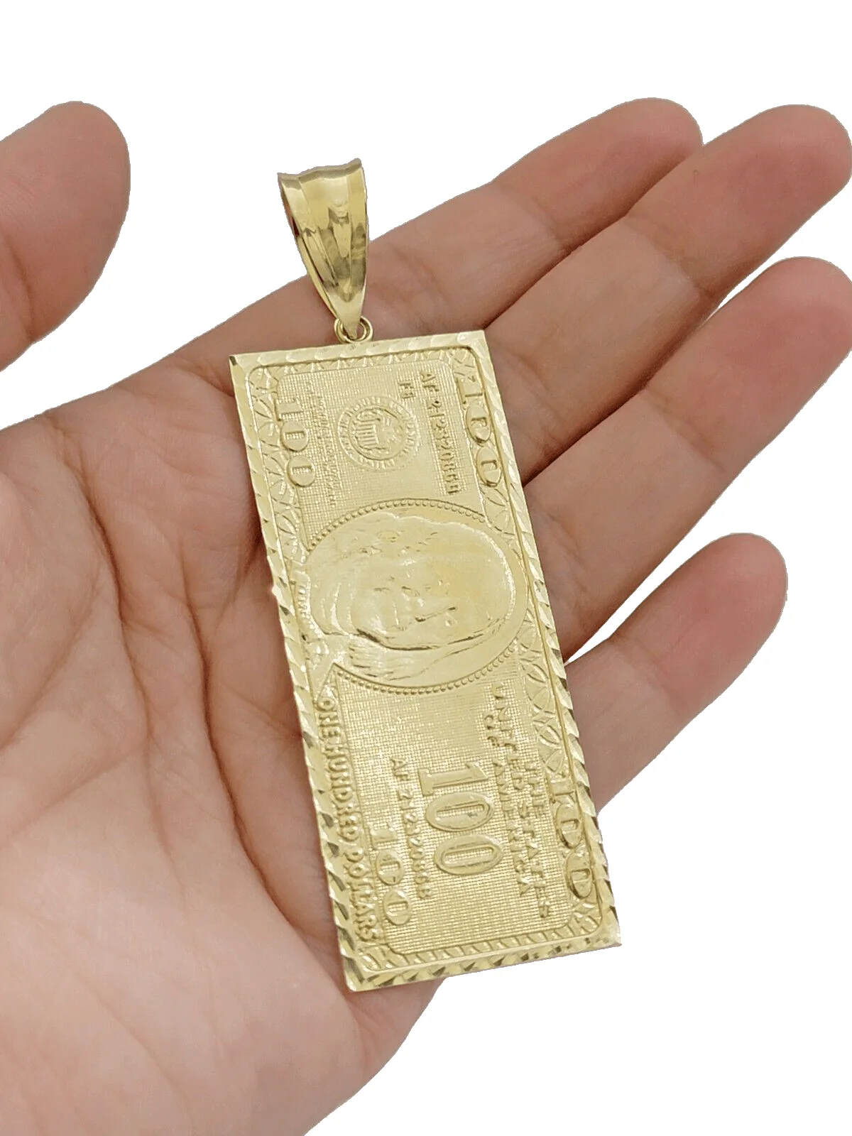 10k Yellow Gold 100 Dollar Bill Charm Pendant 3.5 Inch Necklace Chain Real
