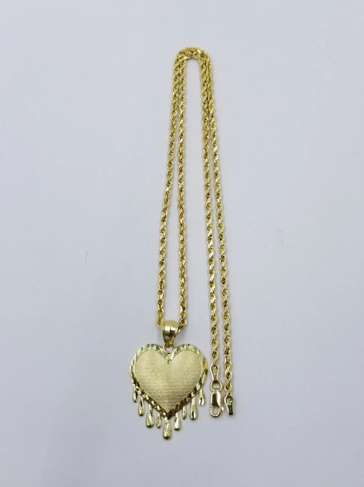 10k Yellow Gold 2.5mm Rope Chain Necklace Dripping Heart Diamond Cut Pendant - Image 2