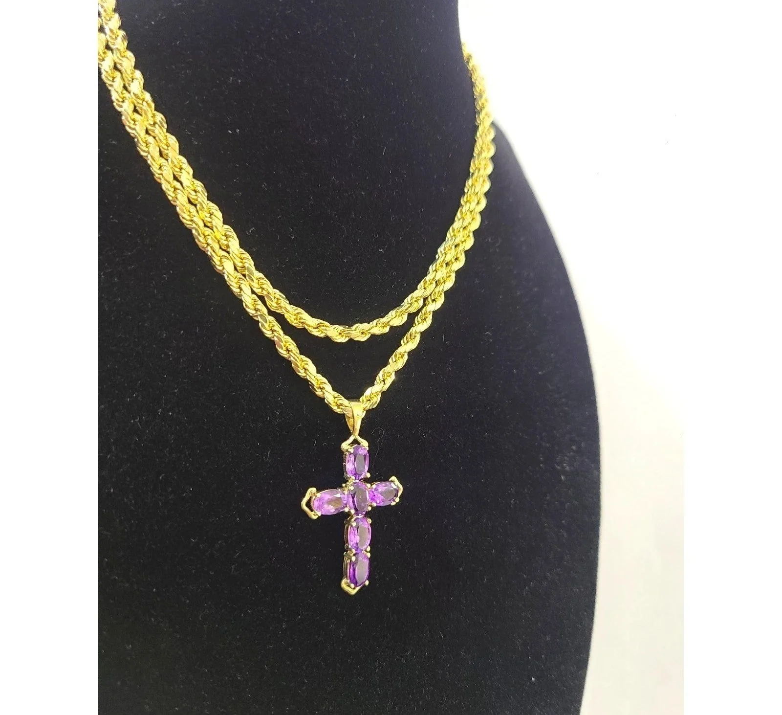 10K Yellow Gold 3mm Rope Chain Purple CZ Cross Pendant Necklace Set 18"-28"