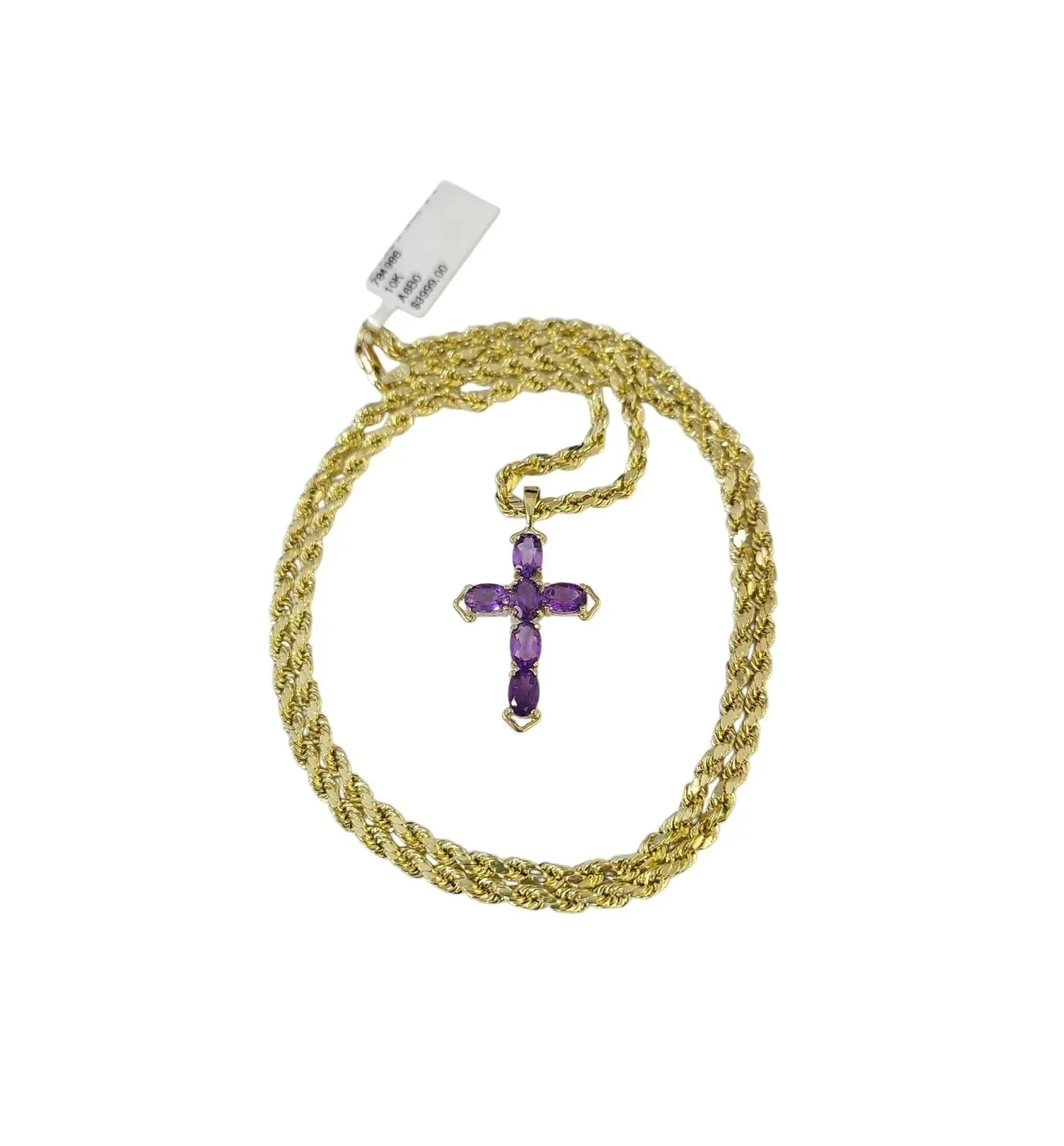 10K Yellow Gold 3mm Rope Chain Purple CZ Cross Pendant Necklace Set 18"-28" - Image 2