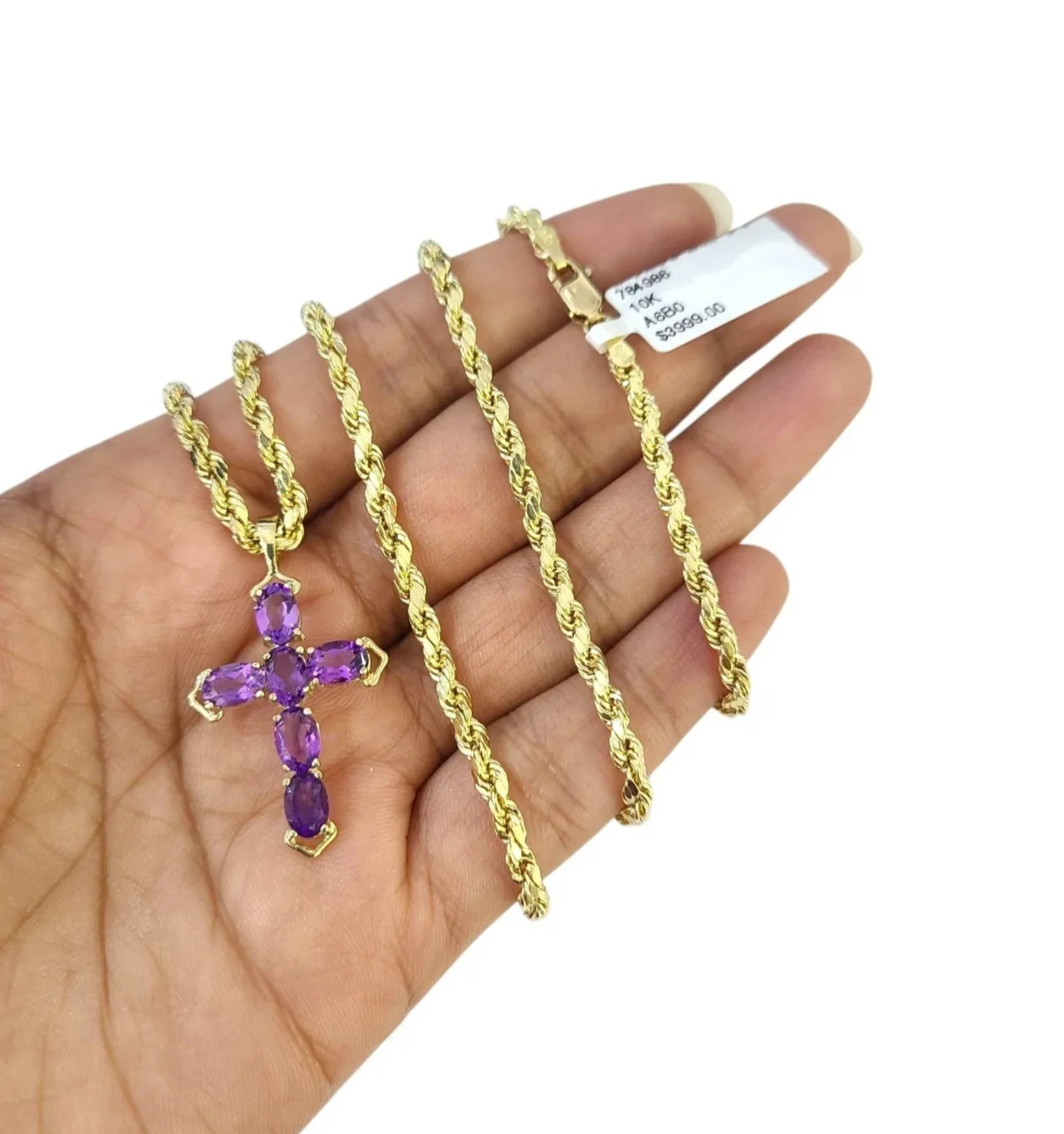 10K Yellow Gold 3mm Rope Chain Purple CZ Cross Pendant Necklace Set 18"-28" - Image 4
