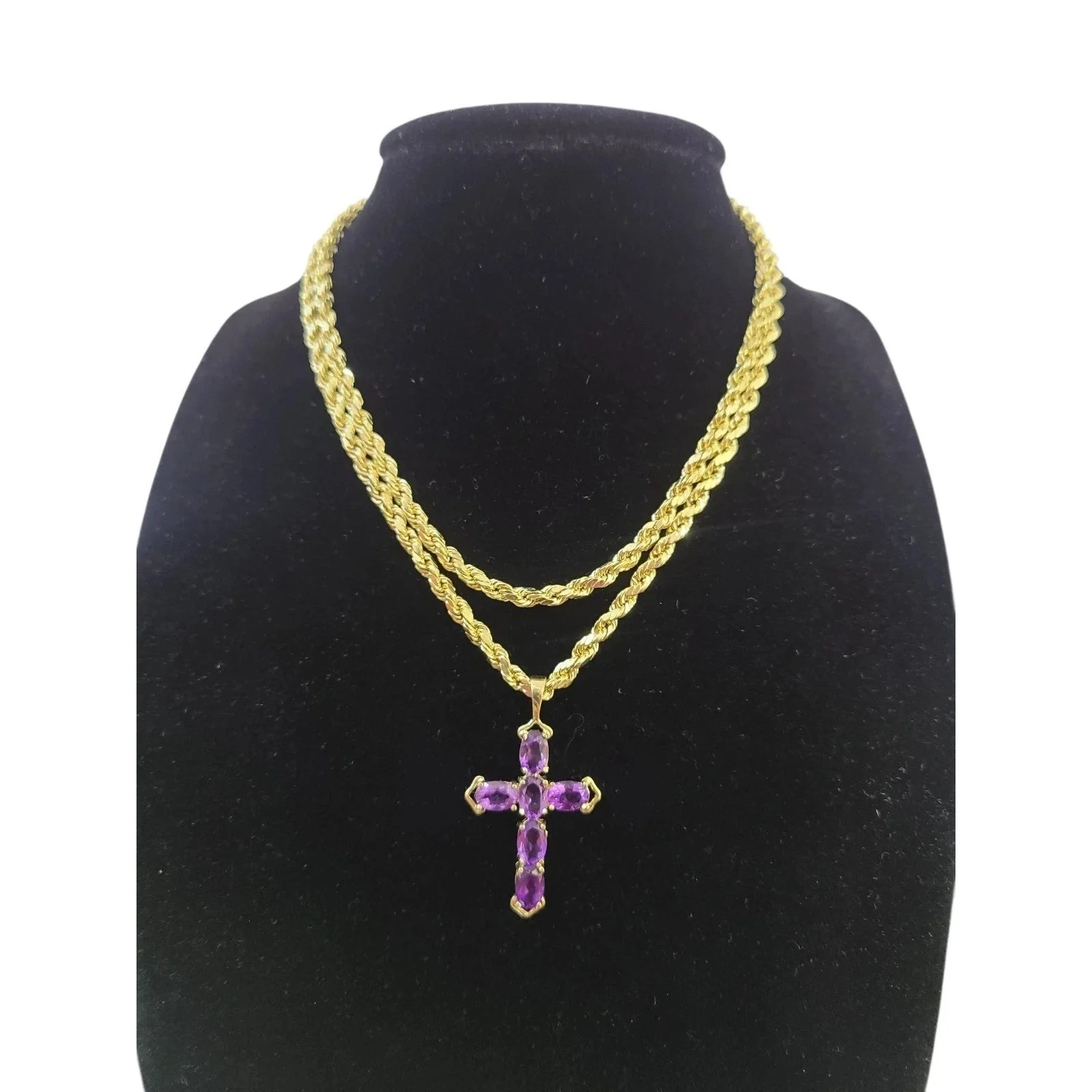 10K Yellow Gold 3mm Rope Chain Purple CZ Cross Pendant Necklace Set 18"-28" - Image 6