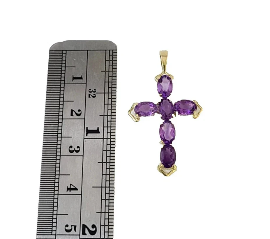10K Yellow Gold 3mm Rope Chain Purple CZ Cross Pendant Necklace Set 18"-28" - Image 7