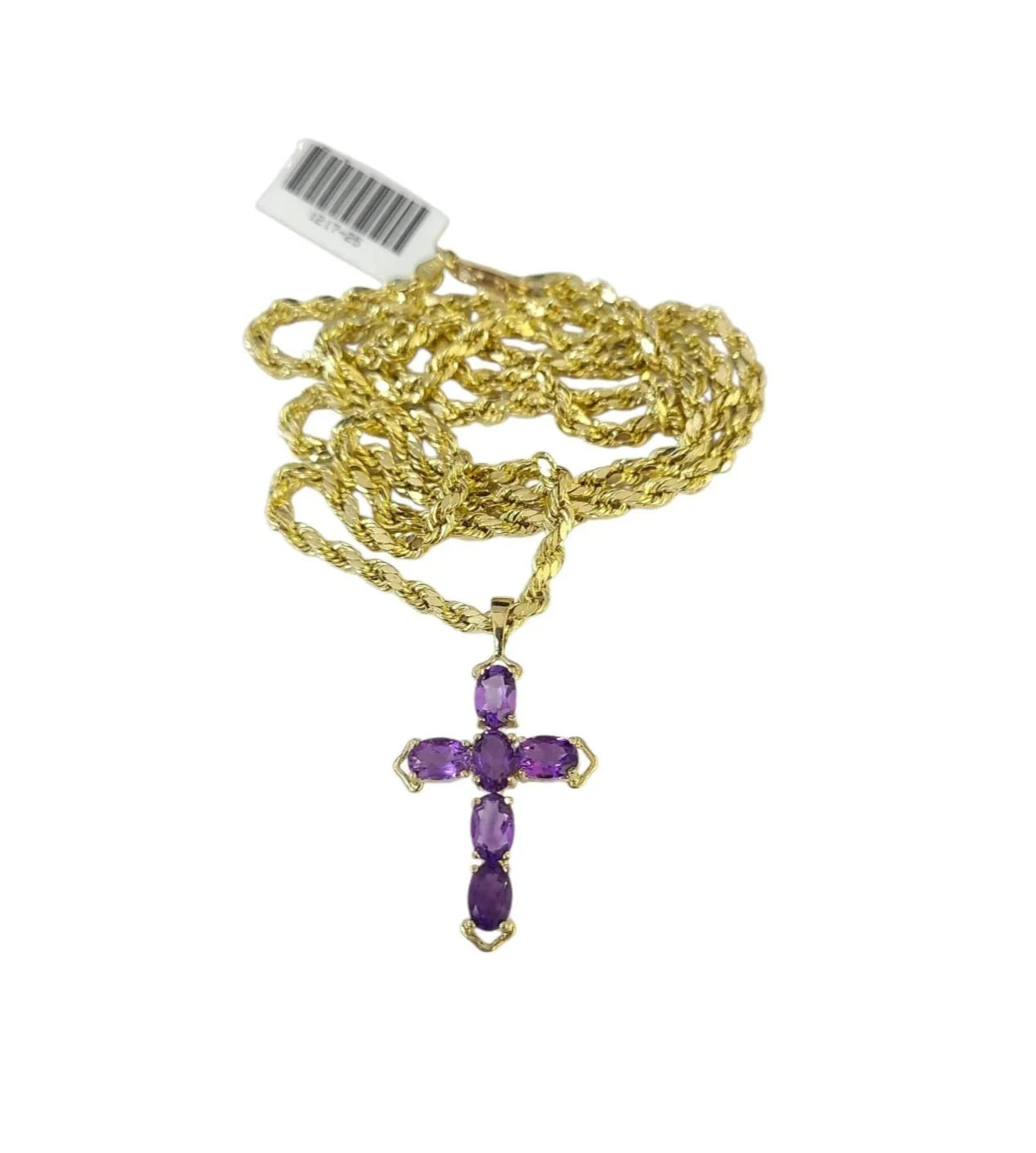 10K Yellow Gold 3mm Rope Chain Purple CZ Cross Pendant Necklace Set 18"-28" - Image 8