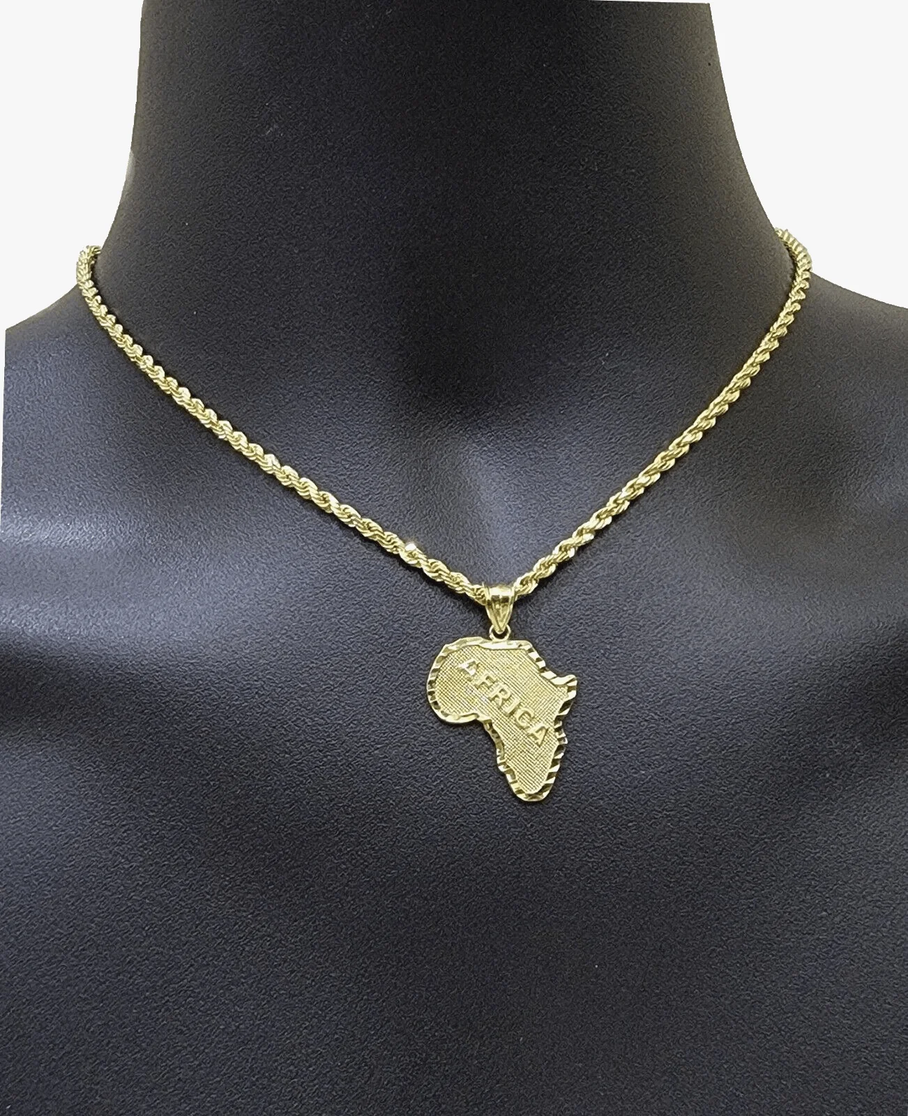 10k Yellow Gold Africa Map Charm Rope Chain 18 Inch Necklace Pendant SET
