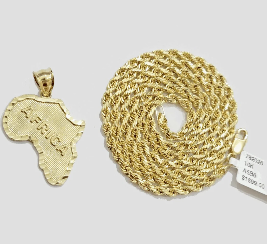 10k Yellow Gold Africa Map Charm Rope Chain 24 Inch Necklace Pendant SET