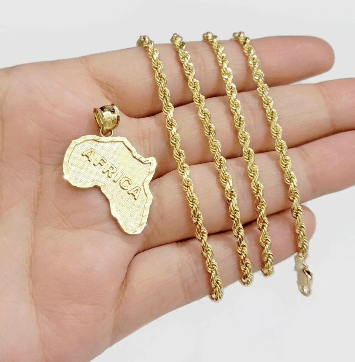 10k Yellow Gold Africa Map Charm Rope Chain 26 Inch Necklace Pendant SET
