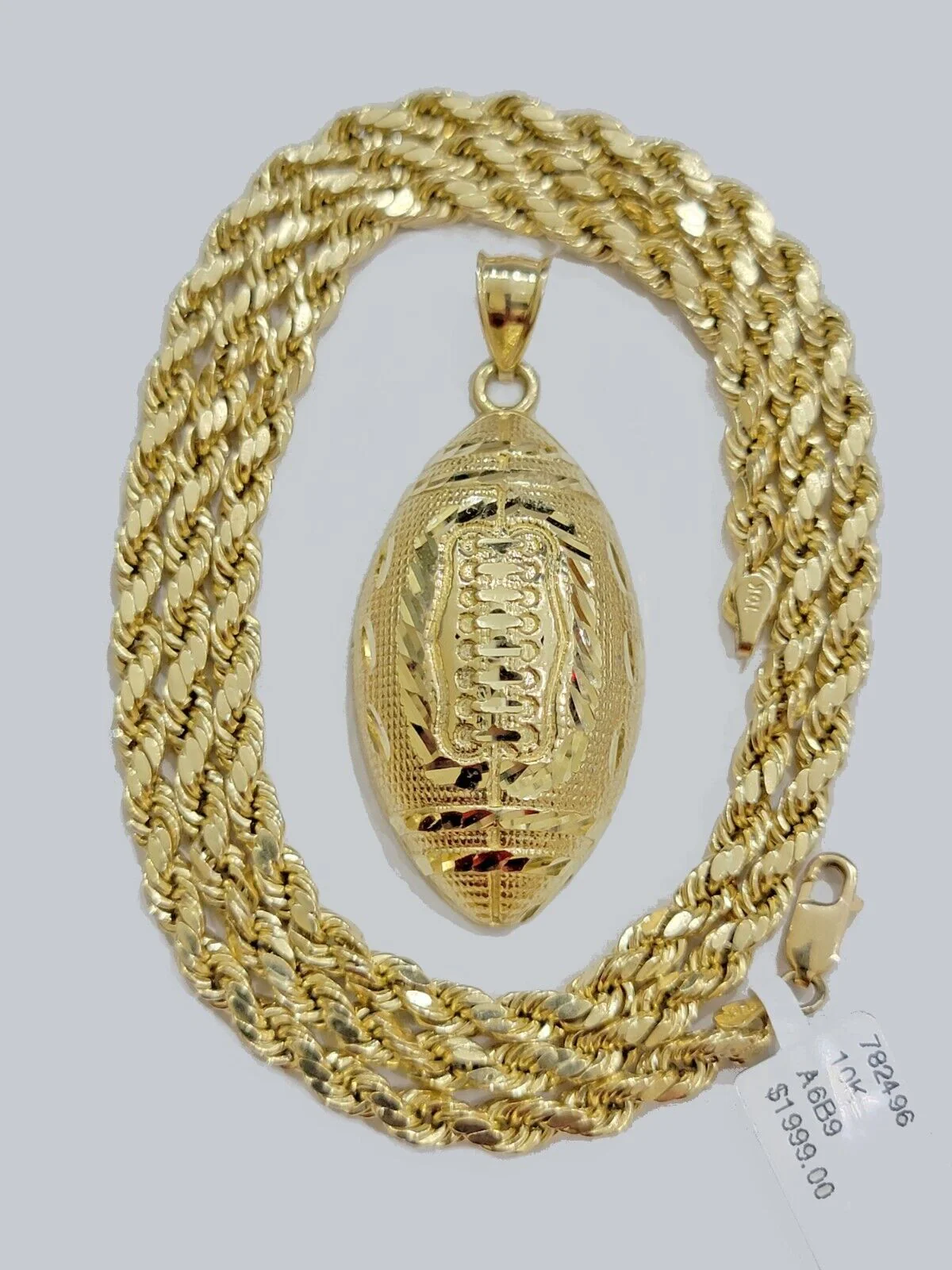 10k Yellow Gold American Football Charm Rope Chain 4mm 22 Inch Necklace Pendant - Image 4
