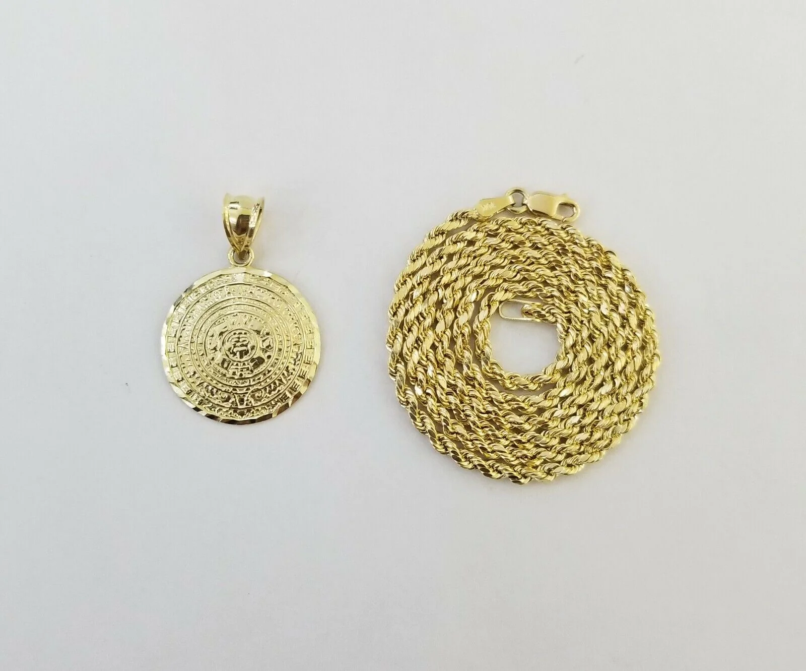 10k Yellow Gold Aztec Calendar charm 3mm rope chain Real Gold set - Image 3