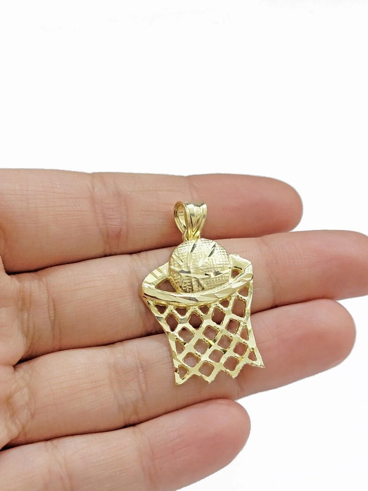 10k Yellow Gold Basketball Net Charm Pendant 1'' Inch Diamond Cut Real 10kt