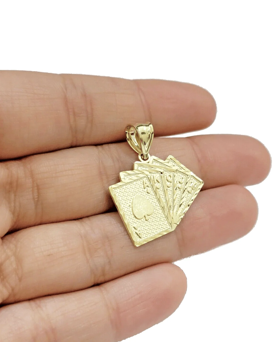 10k Yellow Gold Card Charm Royal Flush Pendant 1'' Necklace Chain 10kt Real