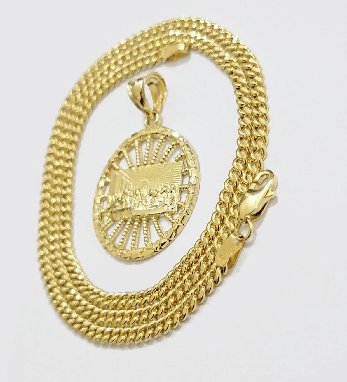 10k Yellow Gold chain Charm Pendant set Miami Cuban 4mm 20 Inch & Last supper - Image 7