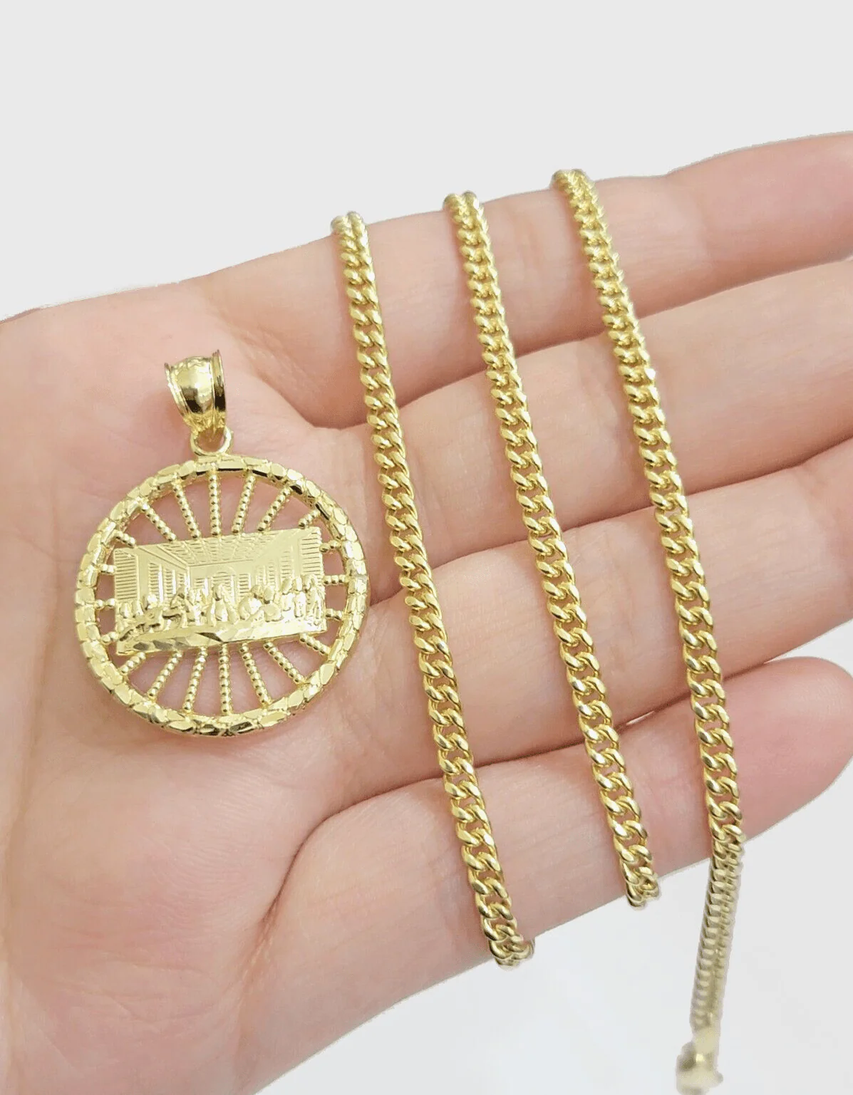 10k Yellow Gold chain Charm Pendant set Miami Cuban 4mm 24 Inch & Last supper - Image 9