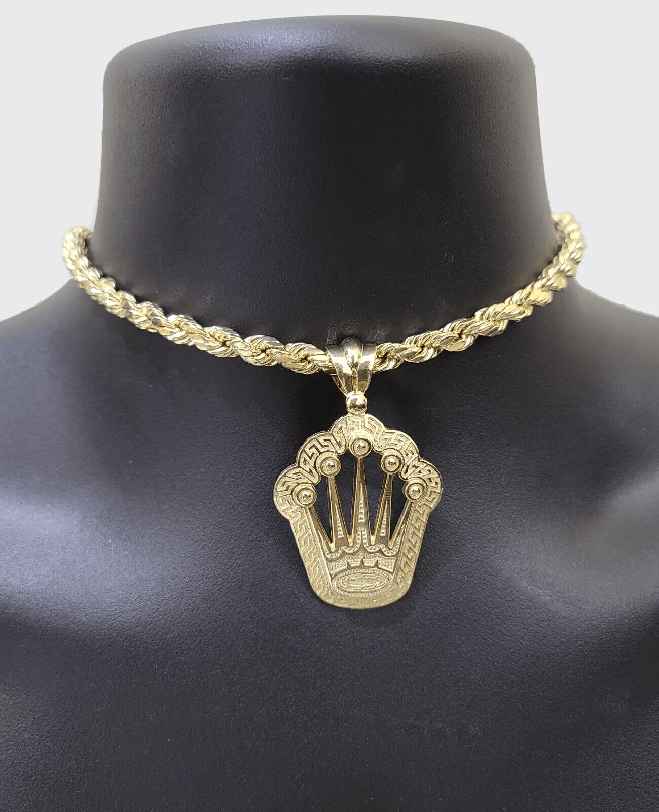 10k Yellow Gold Crown Charm Rope Chain 7mm 20'' Necklace Pendant 10kt Real - Image 8