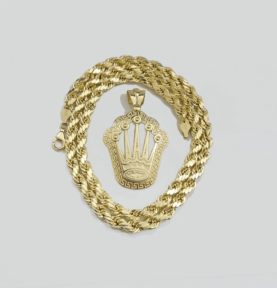 10k Yellow Gold Crown Charm Rope Chain 7mm 22'' Necklace Pendant 10kt Real - Image 13