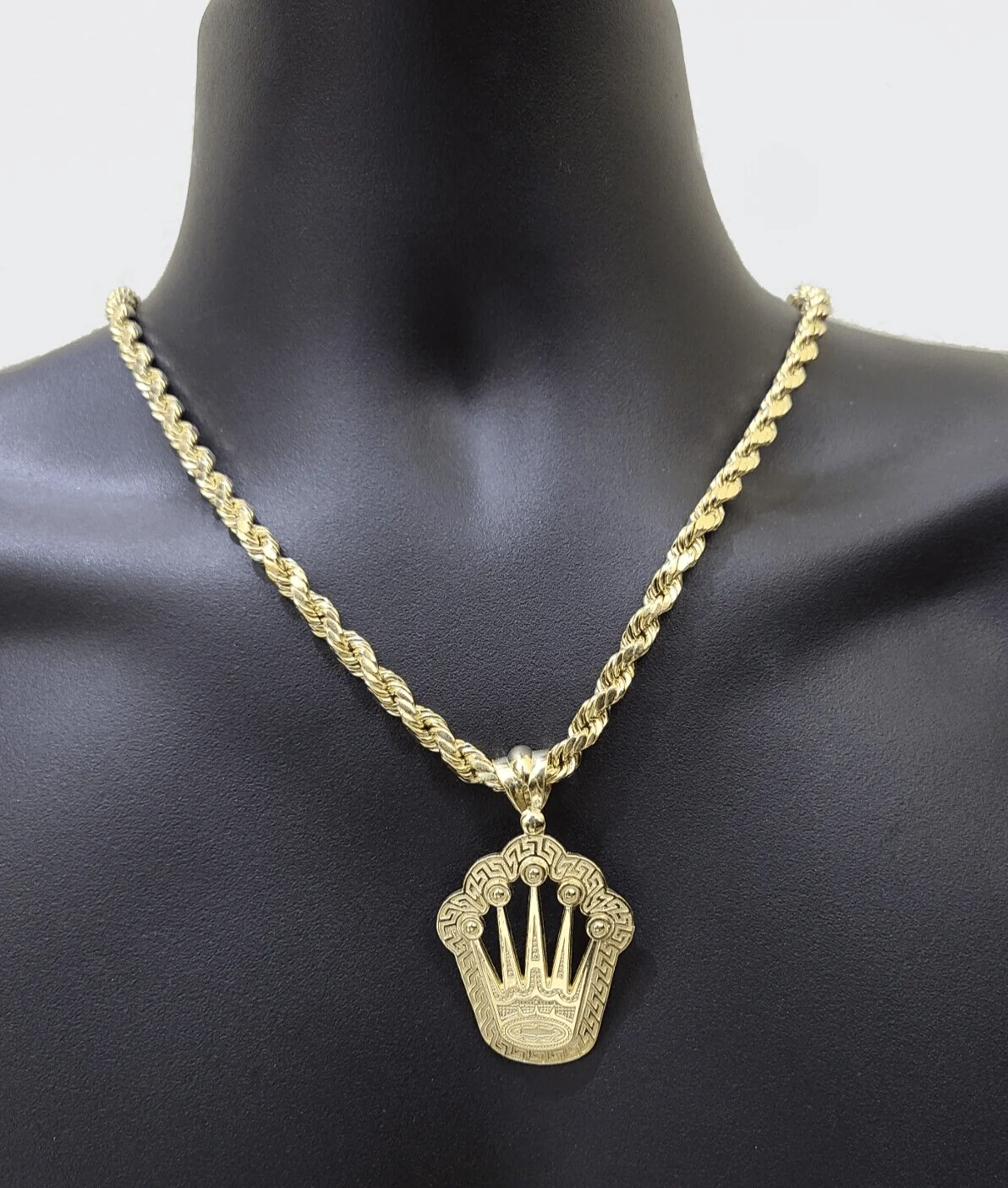 10k Yellow Gold Crown Charm Rope Chain 7mm 22'' Necklace Pendant 10kt Real - Image 8