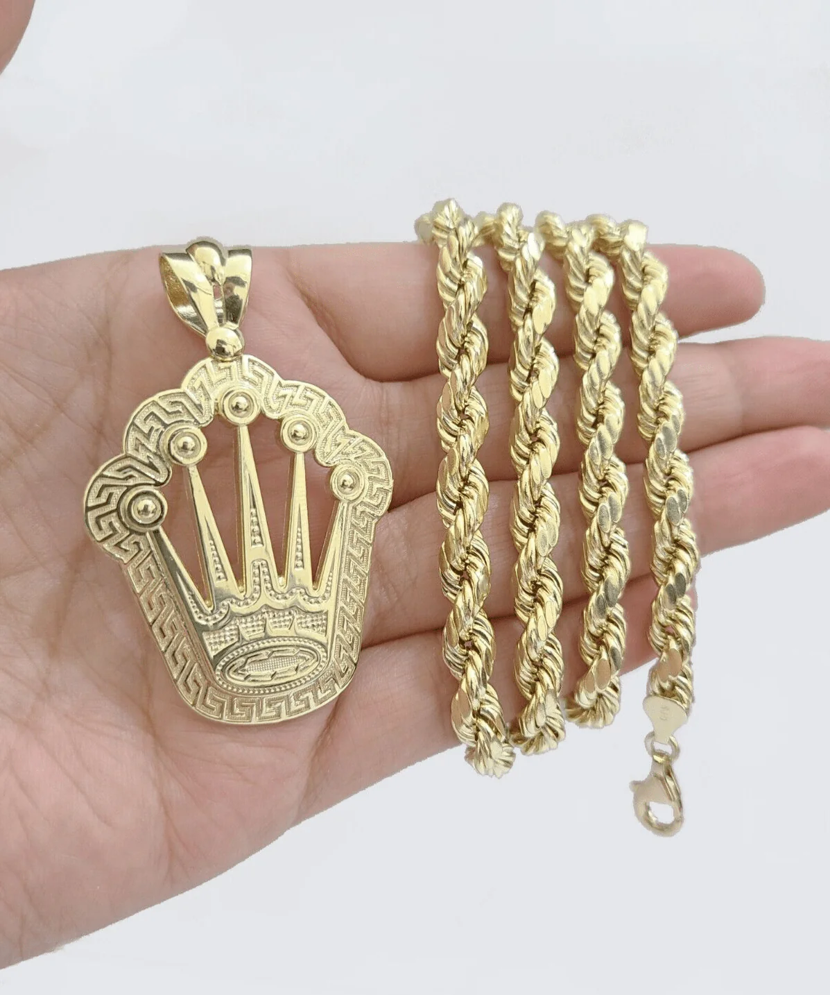 10k Yellow Gold Crown Charm Rope Chain 7mm 22'' Necklace Pendant 10kt Real - Image 9