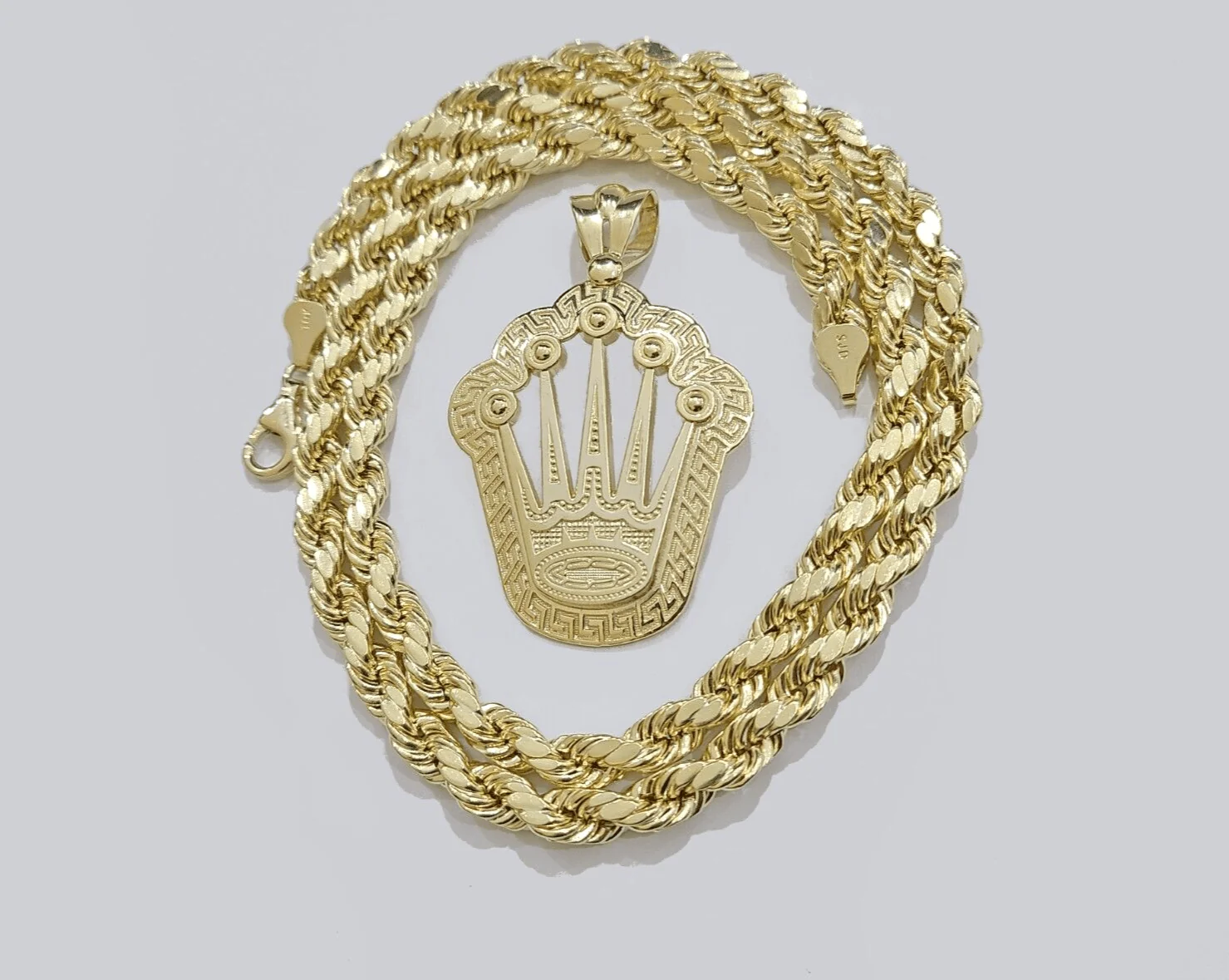 10k Yellow Gold Crown Charm Rope Chain 7mm 26'' Necklace Pendant 10kt Real - Image 11