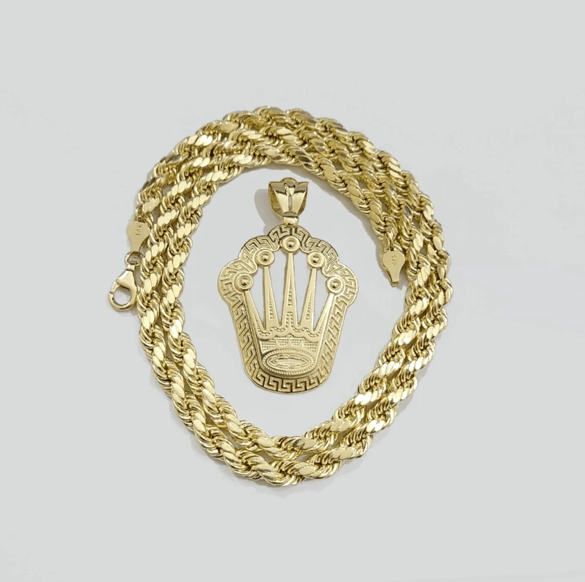 10k Yellow Gold Crown Charm Rope Chain 7mm 28'' Necklace Pendant 10kt Real