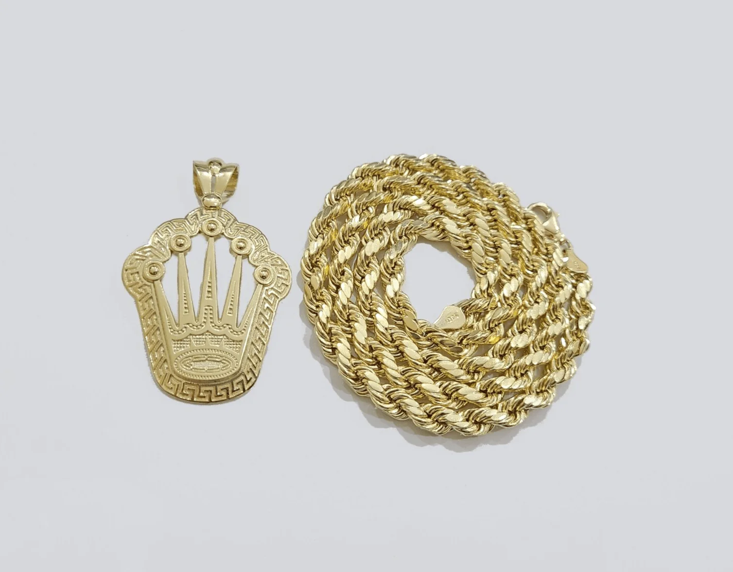 10k Yellow Gold Crown Charm Rope Chain 7mm 30'' Necklace Pendant 10kt Real - Image 11