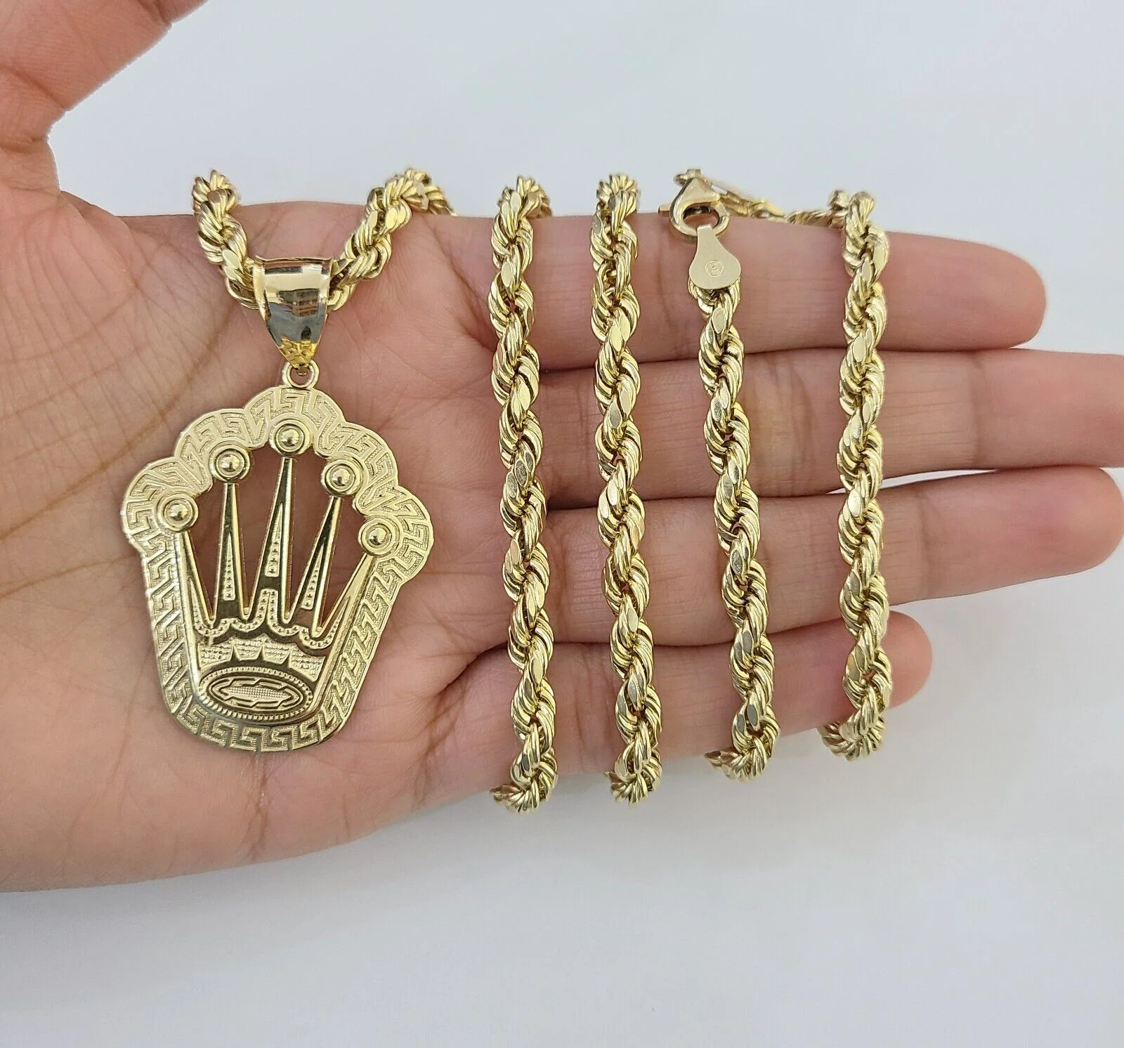 10K Yellow Gold Crown Pendent Charm 6mm Rope Chain 18" - 30" Inch Real - Image 4
