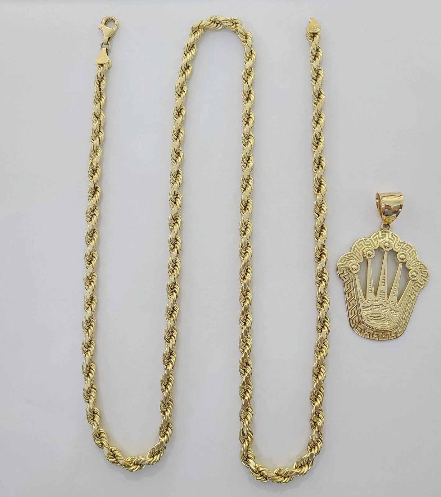 10K Yellow Gold Crown Pendent Charm 6mm Rope Chain 22" - Image 5