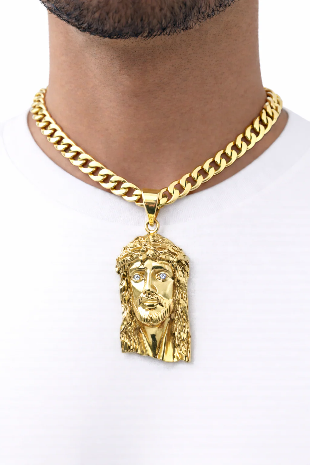 10k Yellow Gold Cuban Curb Chain SET Christ Face Pendant Charm 8mm Necklace Men