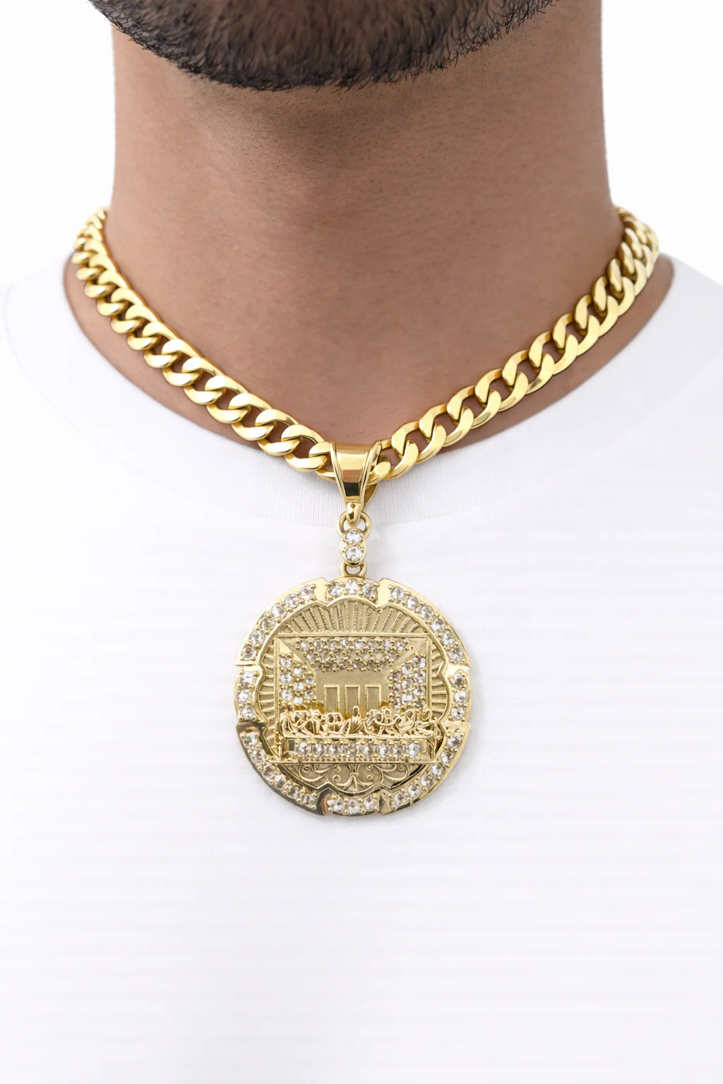 10k Yellow Gold Cuban Curb Chain SET Last Supper Pendant Charm 8mm Necklace Men