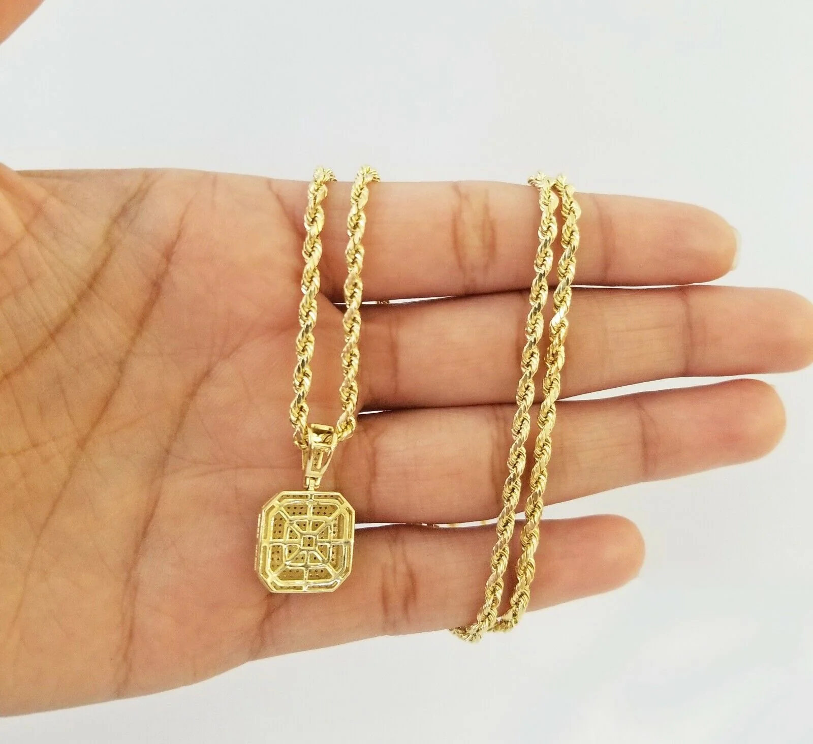 10K Yellow Gold Diamond Charm rope chain 3mm 22" SET & Pillow Pendant & Neckalce - Image 7