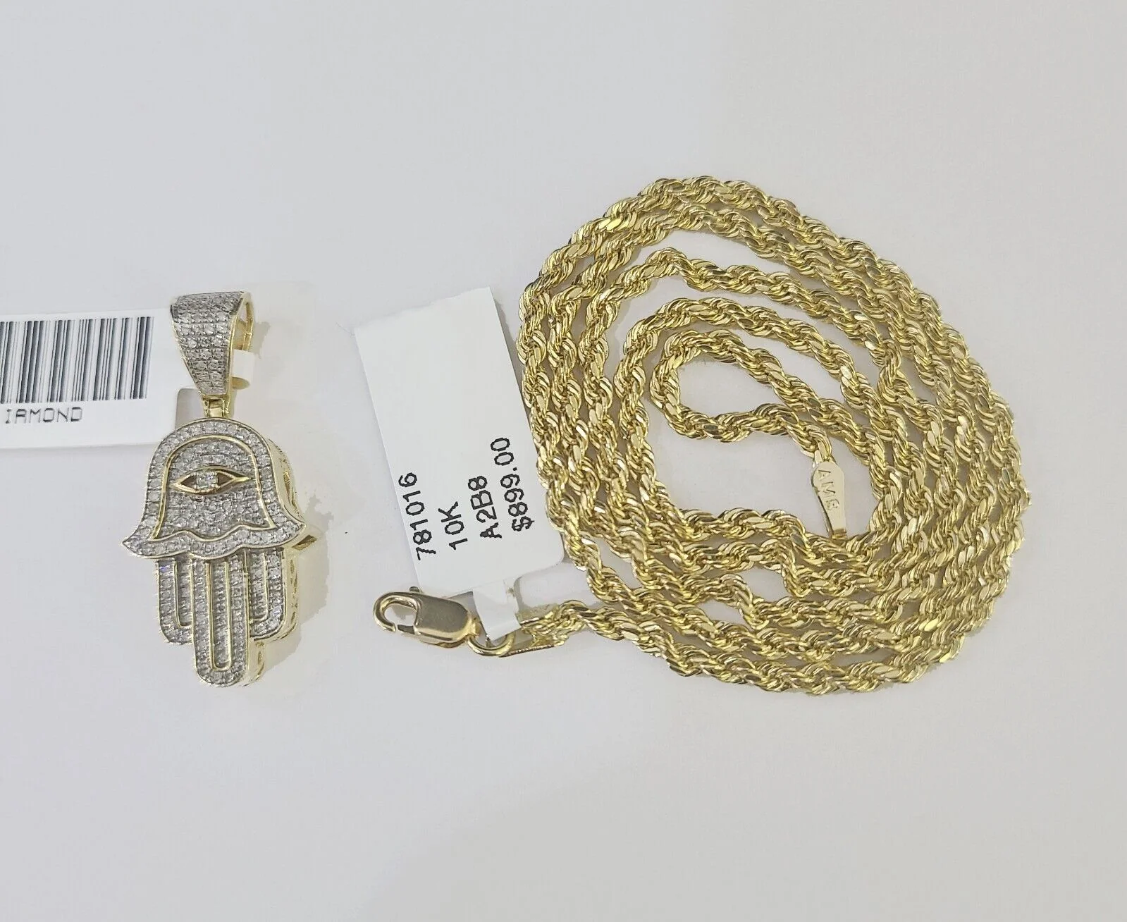 10k Yellow Gold & Diamond Hamsa Hand Charm and 18" inches Rope Chain - Image 4