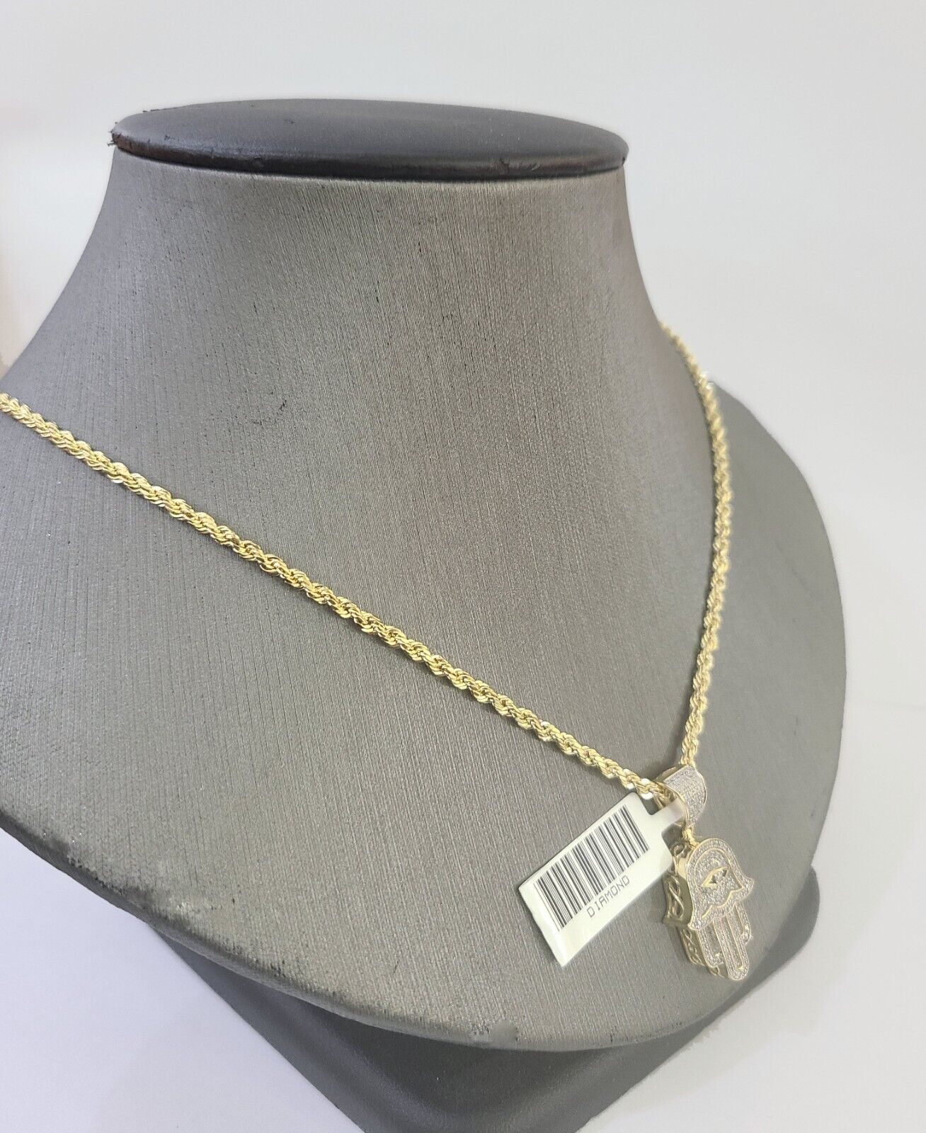 10k Yellow Gold & Diamond Hamsa Hand Charm and 20" inches Rope Chain - Image 5