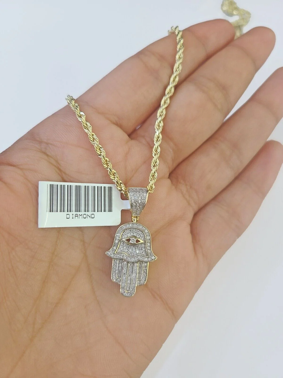 10k Yellow Gold & Diamond Hamsa Hand Charm and 24" inches Rope Chain - Image 3