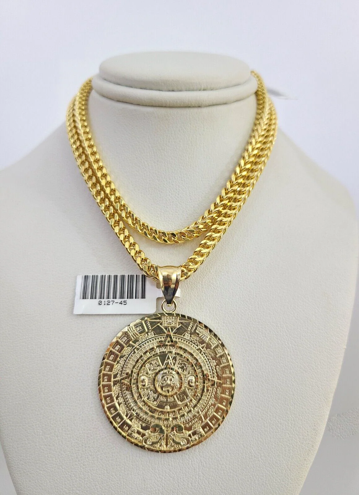 10k Yellow Gold Franco Chain Mayan Calendar Charm 4mm 18-28 Inches Necklace