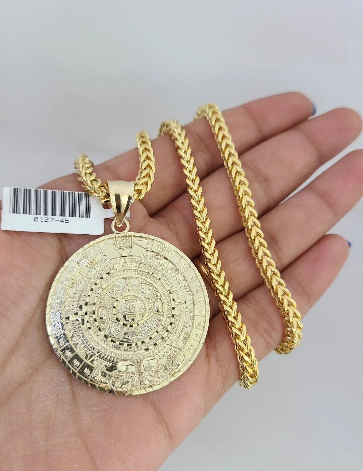 10k Yellow Gold Franco Chain Mayan Calendar Charm 4mm 18-28 Inches Necklace - Image 2